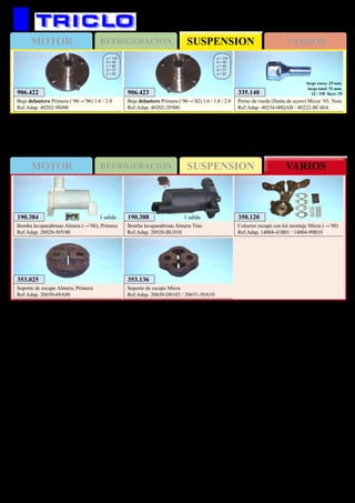 SUSPENSIONMOTOR REFRIGERACION VARIOS
SUSPENSIONMOTOR REFRIGERACION VARIOS
505
NissanAlmera, Micra, Primera
906.422 906.423
Buje delantero Primera (‘90→’96) 1.6 / 2.0
Ref.Adap. 40202-90J00
Buje delantero Primera (‘96→’02) 1.6 / 1.8 / 2.0
Ref.Adap. 40202-2F000
a = 136
b = 68
c = 66
d = 27
e = 42
a = 136
b = 68
c = 66
d = 27
e = 42
353.025
Soporte de escape Almera, Primera
Ref.Adap. 20650-69A00
353.136
Soporte de escape Micra
Ref.Adap. 20650-D0102 / 20651-50A10
350.120
Colector escape con kit montaje Micra (→’00)
Ref.Adap. 14004-41B01 / 14004-99B10
190.384
Bomba lavaparabrisas Almera (→’06), Primera
Ref.Adap. 28920-50Y00
1 salida 190.388
Bomba lavaparabrisas Almera Tino
Ref.Adap. 28920-BU010
1 salida
335.140
Perno de rueda (llanta de acero) Micra ‘03, Note
Ref.Adap. 40254-00QAB / 40222-BC40A
largo rosca: 25 mm.
largo total: 51 mm.
12 / 150 llave: 19
 