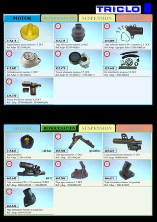 SUSPENSIONREFRIGERACIONMOTOR VARIOS
SUSPENSIONMOTOR REFRIGERACION VARIOS
514
Nissan Qashqai
425.679
Tensor alternador motores 1.5 DCI
Ref.Adap. 11750-00Q1G / 11750-00Q1D
New
2012
425.648
Kit distribución motores 2.0 DCI
Ref. Adap. 13028-00Q0A
New
2012
415.683
Enfriador aceite motores 1.5 DCI
Ref.Adap. 21300-00QAE
New
2012
415.689
Tapa enfriador aceite (‘06→) motores 2.0 DCI
Ref.Adap. (tapa para filtro 15200-00Q0A)
New
2012
465.642
Caja termostato (‘07→’12) motores 2.0 DCI
Ref. Adap. 11060-00QAL / 11060-00Q0E
New
2011
89 ºC 465.706
Tapa agua motores 1.5 DCI
Ref. Adap. 11060-00QAH
New
2012
315.163
Tapón depósito
Ref.Adap. 21430-AX300
1,40 bar 465.625
Caja con termostato motores 1.5 DCi
Ref.Adap. 11060-00QAJ
455.708
Tubo agua motores 1.5 DCI
Ref. Adap. 21334-00QAE
New
2012
(plástico)
435.750
Sensor árbol levas motores 1.5 DCI
Ref. Adap. 23760-00QAD / 23760-00QAB
New
2013
466.631
Tapa termostato motores 1.6 gasolina
Ref. Adap. 13049-ED02A
New
2013
466.632
Tapa termostato motores 2.0 gasolina
Ref. Adap. 13049-EN200
New
2013
315.749
Tapa filtro aceite motores 2.0 DCI
Ref.Adap. 15201-00Q0A
New
2013
315.118
Tapón llenado aceite motores 1.5 DCI
Ref.Adap. 15255-00QAC
 