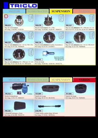 SUSPENSIONMOTOR REFRIGERACION VARIOS
SUSPENSIONMOTOR REFRIGERACION VARIOS
525
OPEL Astra F (‘91→’98)
908.163
Buje de rueda delantero (‘91→’98) mot. 1.4 / 1.6
Ref. 03 26 197 / 03 26 169 / 03 26 178 / 90498610
a = 120
b = 56,5
c = 56,5
d = 22
e = 34
908.038
Buje de rueda trasero (‘91→’98)
Ref.Adap. 16 04 004 / 16 04 307 / 90468191
a = 136
b = 57
c = 56
d = --
e = --
908.385
Buje de rueda delantero (‘91→’98) mot. 1.8 / 2.0
Ref.Adap. 03 26 184/ 03 26 173 / 90251816
a = 120
b = 66
c = 66
d = 33
e = 39
908.231
Buje de rueda delantero mot. 1.4/1.6/1.7D/1.8/2.0
Ref.Adap. 03 26 194 / 90468646
a = 120
b = 56,5
c = 56,5
d = 33
e = 39
908.230
Buje de rueda delantero (Cambio Automático)
Ref.Adap. 03 26 185 / 93304027
a = 120
b = 56
c = 56,5
d = 22
e = 39
908.229
Buje de rueda delantero mot. 1.4/1.6/1.7D/1.7Td
Ref.Adap. 03 26 196 / 90468645
a = 120
b = 56,5
c = 56,5
d = 22
e = 39
638.290
Tirante mando cambio (largo 160 mm)
Ref.Adap. 07 58 801 / 90250156
598.181
Cubrepedal embrague y freno
Ref.Adap. 05 60 808 / 90105172
353.009
Soporte de escape
Ref.Adap. 08 52 719 / 90128194
353.086
Soporte de escape
Ref.Adap. 08 52 722 / 90280491
908.034
Buje de rueda trasero
Ref.Adap. 16 04 003 / 9120128
a = 136
b = 56,5
c = 56,5
d = --
e = --
New
2011
190.364
Bomba lavaparabrisas
Ref.Adap. 14 50 175 / 90492357
2 salidas
338.011
Perno de rueda
Ref.Adap. 10 08 504 / 10 08 501 / 90342774
largo rosca: 22 mm.
largo total: 48 mm.
12 / 150 llave: 17
 