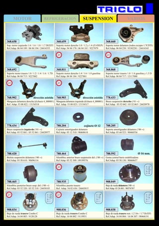 SUSPENSIONMOTOR REFRIGERACION VARIOS
546
OPEL Corsa C / Combo C
368.659
Soporte motor derecho 1.0 / 1.2 y 1.4 (Z14XEP)
Ref.Adap. 56 84 170 / 06 84 181 / 9227879
368.660
Soporte motor delantero (todos excepto 1.7CDTI)
Ref.Adap. 06 84 238 / 93302281 / 24416545
778.433
Brazo suspensión derecho (‘01→)
Ref.Adap. 03 52 042 / 03 52 063 / 24428978
778.434
Brazo suspensión izquierdo (‘01→)
Ref.Adap. 03 52 041 / 03 52 061 / 24428977
788.204
Cojinete amortiguador delantero
Ref.Adap. 03 12 510 / 90468618
cojinete Ø 12
788.420
Bieleta suspensión delantera (‘00→)
Ref.Adap. 03 50 610 / 90496116
788.205
Soporte amortiguador delantero (‘00→)
Ref.Adap. 03 44 523 / 90468554
368.658
Sop. motor izquierdo 1.4 / 1.6 / 1.8 / 1.7 DI/DTI
Ref.Adap. 06 84 189 / 06 84 194 / 24416555
368.692
Soporte motor trasero 1.0 / 1.2 / 1.4 / 1.6 / 1.7D
Ref.Adap. 06 84 713 / 9227882
788.592
Goma central barra estabilizadora
Ref.Adap. 03 50 130 / 90468657
Ø 16 mm.
788.465
Silentbloc posterior brazo susp. del. (‘00→)
Ref.Adap. 03 52 320 / 03 52 310 / 24430103
908.038
Buje de rueda trasero mot. 1.2 16v / 1.7 Di/DTi
Ref.Adap. 16 04 004 / 16 04 307 / 90468191
a = 136
b = 57
c = 56
d = --
e = --
908.049
Buje de rueda delantero (‘00→)
Ref.Adap. 03 26 001 / 90576767
a = 123
b = 60
c = 56,5
d = 22
e = 34
788.464
Silentbloc anterior brazo suspensión del. (‘00→)
Ref.Adap. 03 52 309 / 09199576
908.034
Buje de rueda trasero Combo C
Ref.Adap. 16 04 003 / 9120128
a = 136
b = 56,5
c = 56,5
d = --
e = --
New
2011
908.036
Buje de rueda trasero Combo C
Ref.Adap. 16 04 002 / 9119931
a = 140
b = 65
c = 65
d = --
e = --
New
2011
368.811
Soporte motor derecho 1.4 / 1.6 / 1.8 gasolina
Ref.Adap. 06 84 184 / 9227881
New
2013
368.868
Soporte motor trasero 1.0 / 1.6 gasolina y 1.3 D
Ref.Adap. 06 84 717 / 13117088
New
2013
768.902
Mangueta delantera derecha (d/chasis 4_000001)
Ref. Adap. 53 08 022 / 13154318
New
2013
768.903
Mangueta delantera izquierda (d/chasis 4_000001)
Ref. Adap. 53 08 023 / 13154317
New
2013
dirección asistida dirección asistida
788.935
Silentbloc puente trasero
Ref. Adap. 54 02 636 / 24443815
New
2013
 