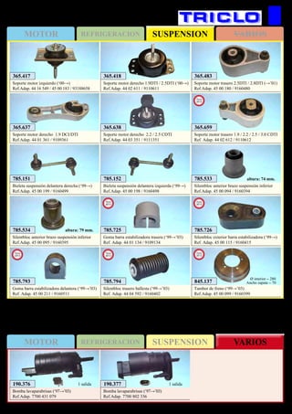 SUSPENSIONMOTOR REFRIGERACION VARIOS
SUSPENSIONMOTOR REFRIGERACION VARIOS
562
OPEL Movano
785.151
Bieleta suspensión delantera derecha (‘99→)
Ref.Adap. 45 00 199 / 9160499
785.152
Bieleta suspensión delantera izquierda (‘99→)
Ref.Adap. 45 00 198 / 9160498
365.417
Soporte motor izquierdo (‘00→)
Ref.Adap. 44 16 549 / 45 00 183 / 93188658
365.418
Soporte motor derecho 1.9DTI / 2.5DTI (‘00→)
Ref.Adap. 44 02 611 / 9110611
365.483
Soporte motor trasero 2.5DTI / 2.8DTI (→’01)
Ref.Adap. 45 00 180 / 9160480
785.533
Silentbloc anterior brazo suspensión inferior
Ref.Adap. 45 00 094 / 9160394
785.534
Silentbloc anterior brazo suspensión inferior
Ref.Adap. 45 00 095 / 9160395
altura: 74 mm.
altura: 79 mm.
365.637
Soporte motor derecho 1.9 DCI/DTI
Ref.Adap. 44 01 361 / 9109361
365.638
Soporte motor derecho 2.2 / 2.5 CDTI
Ref.Adap. 44 03 351 / 9111351
365.659
Soporte motor trasero 1.9 / 2.2 / 2.5 / 3.0 CDTI
Ref. Adap. 44 02 612 / 9110612
New
2012
845.137
Tambor de freno (‘99→’03)
Ref.Adap. 45 00 099 / 9160399
Ø interior = 280
Ancho zapata = 70
New
2012
785.725
Goma barra estabilizadora trasera (‘99→’03)
Ref. Adap. 44 01 134 / 9109134
New
2013
785.726
Silentbloc exterior barra estabilizadora (‘99→)
Ref. Adap. 45 00 115 / 9160415
New
2013
785.793
Goma barra estabilizadora delantera (‘99→’03)
Ref. Adap. 45 00 211 / 9160511
New
2013
785.794
Silentbloc trasero ballesta (‘99→’03)
Ref. Adap. 44 04 592 / 9160402
New
2013
190.377
Bomba lavaparabrisas (‘97→’03)
Ref.Adap. 7700 802 336
1 salida190.376
Bomba lavaparabrisas (‘97→’03)
Ref.Adap. 7700 431 079
1 salida
 