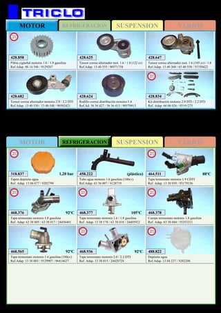 SUSPENSIONREFRIGERACIONMOTOR VARIOS
SUSPENSIONMOTOR REFRIGERACION VARIOS
573
OPEL Vectra C / Signum
428.624
Rodillo correa distribución motores 1.6
Ref.Ad. 56 36 427 / 56 36 415 / 90570913
428.625
Tensor correa alternador mot. 1.6 / 1.8 (122 cv)
Ref.Adap. 13 40 555 / 90571758
428.647
Tensor correa alternador mot. 1.6 (105 cv) / 1.8
Ref.Adap. 13 40 268 / 63 40 558 / 55350422
428.682
Tensor correa alternador motores 2.0 / 2.2 DTI
Ref.Adap. 13 40 530 / 13 40 548 / 90502421
428.834
Kit distribución motores 2.0 DTI / 2.2 DTI
Ref. Adap. 66 06 026 / 93191275
New
2012
428.858
Piñón cigüeñal motores 1.6 / 1.8 gasolina
Ref.Adap. 06 14 546 / 9129207
New
2013
458.222
Tubo agua motores 1.6 gasolina (100cv)
Ref.Adap. 63 36 007 / 9128719
(plástico)
468.565
Tapa termostato motores 1.6 gasolina (100cv)
Ref.Adap. 13 38 003 / 9129907 / 96414627
92ºC
318.837
Tapón depósito agua
Ref. Adap. 13 04 677 / 9202799
New
2012
1,20 bar
488.822
Depósito agua
Ref.Adap. 13 04 237 / 9202200
New
2012
468.377
Tapa termostato motores 1.6 / 1.8 gasolina
Ref. Adap. 13 38 178 / 63 38 018 / 24405922
New
2013
105ºC 468.378
Cuerpo termostato motores 1.8 gasolina
Ref. Adap. 63 38 044 / 55353311
New
2013
468.376
Tapa termostato motores 1.8 gasolina
Ref. Adap. 63 38 005 / 63 38 017 / 24456401
New
2013
92ºC
464.511
Tapa termostato motores 1.9 CDTI
Ref. Adap. 13 38 039 / 93179136
New
2013
88ºC
468.936
Tapa termostato motores 2.0 / 2.2 DTI
Ref. Adap. 13 38 015 / 24420728
New
2013
92ºC
 