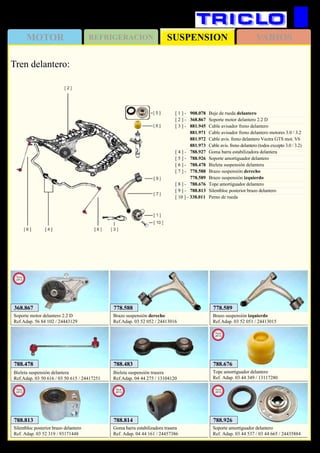 SUSPENSIONMOTOR REFRIGERACION VARIOS
574
OPEL Vectra C / Signum
788.478
Bieleta suspensión delantera
Ref.Adap. 03 50 616 / 03 50 615 / 24417251
788.483
Bieleta suspensión trasera
Ref.Adap. 04 44 275 / 13104120
778.588
Brazo suspensión derecho
Ref.Adap. 03 52 052 / 24413016
778.589
Brazo suspensión izquierdo
Ref.Adap. 03 52 051 / 24413015
368.867
Soporte motor delantero 2.2 D
Ref.Adap. 56 84 102 / 24443129
New
2013
788.676
Tope amortiguador delantero
Ref. Adap. 03 44 349 / 13117280
New
2013
788.813
Silentbloc posterior brazo delantero
Ref. Adap. 03 52 319 / 93171448
New
2013
788.814
Goma barra estabilizadora trasera
Ref. Adap. 04 44 161 / 24457386
New
2013
788.926
Soporte amortiguador delantero
Ref. Adap. 03 44 537 / 03 44 665 / 24435884
New
2013
[ 1 ] - 	 908.078	 Buje de rueda delantero
[ 2 ] - 	 368.867	 Soporte motor delantero 2.2 D
[ 3 ] - 	 881.945	 Cable avisador freno delantero
	 881.971	 Cable avisador freno delantero motores 3.0 / 3.2
	 881.972	 Cable avis. freno delantero Vectra GTS mot. V6
	 881.973	 Cable avis. freno delantero (todos excepto 3.0 / 3.2)
[ 4 ] - 	 788.927	 Goma barra estabilizadora delantera
[ 5 ] - 	 788.926	 Soporte amortiguador delantero
[ 6 ] - 	 788.478	 Bieleta suspensión delantera
[ 7 ] - 	 778.588	 Brazo suspensión derecho
	 778.589	 Brazo suspensión izquierdo
[ 8 ] - 	 788.676	 Tope amortiguador delantero
[ 9 ] - 	 788.813	 Silentbloc posterior brazo delantero
[ 10 ] - 338.011		 Perno de rueda
Tren delantero:
 