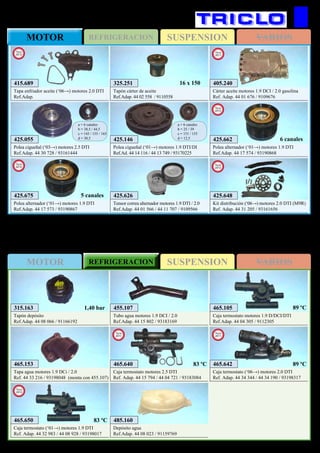 SUSPENSIONMOTOR REFRIGERACION VARIOS
SUSPENSIONREFRIGERACIONMOTOR VARIOS
576
315.163
Tapón depósito
Ref.Adap. 44 08 066 / 91166192
1,40 bar
485.160
Depósito agua
Ref.Adap. 44 08 023 / 91159769
465.153
Tapa agua motores 1.9 DCi / 2.0
Ref. 44 33 216 / 93198048 (monta con 455.107)
455.107
Tubo agua motores 1.9 DCI / 2.0
Ref.Adap. 44 15 802 / 93183169
465.105
Caja termostato motores 1.9 D/DCI/DTI
Ref.Adap. 44 04 305 / 9112305
89 ºC
OPEL Vivaro (‘01→)
425.626
Tensor correa alternador motores 1.9 DTI / 2.0
Ref.Adap. 44 01 566 / 44 11 707 / 9109566
425.146
Polea cigueñal (‘01→) motores 1.9 DTI/DI
Ref.Ad. 44 14 116 / 44 13 749 / 93170225
a = 6 canales
b = 25 / 39
c = 151 / 155
d = 12,5425.055
Polea cigueñal (‘03→) motores 2.5 DTI
Ref.Adap. 44 30 728 / 93161444
a = 6 canales
b = 38,5 / 44,5
c = 145 / 155 / 165
d = 30,5 425.662
Polea alternador (‘01→) motores 1.9 DTI
Ref.Adap. 44 17 574 / 93190868
New
2012
6 canales
425.648
Kit distribución (‘06→) motores 2.0 DTI (M9R)
Ref. Adap. 44 31 205 / 93161656
New
2012
465.640
Caja termostato motores 2.5 DTI
Ref. Adap. 44 15 794 / 44 04 721 / 93183084
New
2011
83 ºC
465.650
Caja termostato (‘01→) motores 1.9 DTI
Ref. Adap. 44 32 983 / 44 08 928 / 93198017
New
2012
83 ºC
415.689
Tapa enfriador aceite (‘06→) motores 2.0 DTI
Ref.Adap.
New
2012
325.251
Tapón cárter de aceite
Ref.Adap. 44 02 558 / 9110558
16 x 150
425.675
Polea alternador (‘01→) motores 1.9 DTI
Ref.Adap. 44 17 573 / 93190867
New
2012
5 canales
405.240
Cárter aceite motores 1.9 DCI / 2.0 gasolina
Ref. Adap. 44 01 676 / 9109676
New
2011
465.642
Caja termostato (‘06→) motores 2.0 DTI
Ref. Adap. 44 34 344 / 44 34 190 / 93198317
New
2011
89 ºC
 