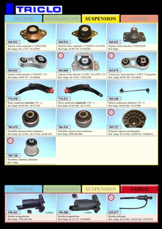 SUSPENSIONMOTOR REFRIGERACION VARIOS
SUSPENSIONMOTOR REFRIGERACION VARIOS
577
365.512
Soporte motor izquierdo 2.5 DTI/CDTI
Ref.Adap. 44 11 937 / 91167992
365.513
Soporte motor izquierdo 1.9 DI/DTI / 2.0 CDTI
Ref.Adap. 44 08 759 / 91166249
785.475
Silentbloc posterior brazo delantero
Ref.Adap. 44 12 936 / 44 12 934 / 44 08 959
785.476
Silentbloc anterior brazo delantero
Ref.Adap. 8200 002 868
785.150
Bieleta suspensión delantera (‘01→)
Ref.Adap. 44 08 904 / 91167000
775.470
Brazo suspensión derecho (‘01→)
Ref.Adap. 44 08 959 / 44 12 936
775.471
Brazo suspensión izquierdo (‘01→)
Ref.Adap. 44 08 958 / 44 12 934
365.631
Soporte motor derecho 2.5 DTI/CDTI
Ref.Adap.
365.632
Soporte motor derecho 1.9 DI/DTI / 2.0
Ref.Adap. 44 08 761 / 91166684
OPEL Vivaro (‘01→)
365.660
Soporte motor derecho 1.9 DTI / 2.0 CDTI / 2.0
Ref. Adap. 44 18 051 / 93853290
New
2012
625.677
Bomba embrague
Ref. Adap. 44 16 885 / 44 08 426 / 93857432
New
2012
190.388
Bomba lavaparabrisas
Ref.Adap. 44 10 723 / 93160099
1 salida190.361
Bomba lavaparabrisas
Ref.Adap. 7700 428 386
2 salidas
365.674
Tirante sop. motor derecho 1.9 DCI / 2.0 gasolina
Ref. Adap. 44 08 746 / 91166683
New
2013
785.727
Protector superior amortiguador
Ref. Adap. 44 18 284 / 44 08 055 / 93858912
New
2013
785.728
Silentbloc subchasis delantero
Ref. Adap.
New
2013
 