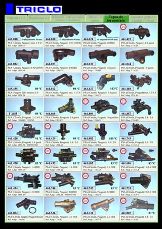Tubos de
agua
Rácores Universales
(plástico y metalicos)
Depósitos c.cTapones c.c Tapones goma y
Juntas tóricas
Tapas de
termostato
57
REFRIGERACION
PSA (Citroën, Peugeot) 1.9D (DW8)
Ref. Adap. 1336.N8
461.022
PSA (Citroën, Peugeot) 1.8 gasol.
Ref. Adap. 1336.H7
461.039
PSA (Citroën, Peugeot) 2.0 HDI
Ref. Adap. 1336.P5
461.023
PSA (Citroën, Peugeot) 1.8 gasol.
Ref. Adap. 1336.J7
461.044
PSA (Citroën, Peugeot) mot. 1.9 D
Ref. Adap. 1336.G4
461.018 Ø alojamiento 36 mm.
PSA (Citroën, Peugeot) 1.9D (DW8)
Ref. Adap. 1336.P0
461.020 Ø alojamiento 40 mm.
PSA (Citroën, Peugeot) 2.0 HDI
Ref. Adap. 1336.Q3
461.021 Ø alojamiento 40 mm.
(agujero cerrado)
PSA (Citroën, Peugeot) mot. 1.1/1.4
Ref. Adap. 1336.Y8
461.169
PSA (Citroën, Peugeot) 1.1/1.4/1.6
Ref. Adap. 1336.Q1 / 1336.N5
T-2055
PSA (Citroën, Peugeot) mot. 1.1/1.4
Ref. Adap. 1336.Q2
461.012
PSA (Citroën, Peugeot) 1.6 gasol.
Ref. Adap. 1201.C3
461.668
PSA (Citroën, Peugeot) 2.0 HDI
Ref. Adap. 1336.P2
461.526
PSA (Peugeot 206) motores 1.0
Ref. Adap. 1336.T9
465.435
PSA (Citroën, Peugeot) 1.4 HDI
Ref. Adap. 1336.V6
461.470
PSA (Citroën Jumper, Peugeot Boxer)
Ref. Adap. 1336.S6
461.004
PSA (Citroën, Peugeot) 1.4 gasol.
Ref. Adap. 1336.Z2
461.427
New
2012
PSA (Citroën, Peugeot) 1.6 gasol.
Ref. Adap. 1336.Z0 / 9647265980
461.428
New
2011
PSA (Citroën, Peugeot) 1.8 / 2.0
Ref. Adap. 1338.A0
461.429
New
2011
PSA (Citroën, Peugeot) 1.6 HDI
Ref. Adap. 1336.X2
461.433
New
2011
PSA (Citroën, Peugeot) 1.6 HDI
Ref. Adap. 1336.AF
461.685
New
2012
PSA (Citroën, Peugeot) 1.4/1.6 HDI
Ref. Adap. 1336.AX
461.686
New
2012
PSA (Citroën, Peugeot) 2.0/2.0 HDI
Ref. Adap. 1336.V5
461.731
New
2012
PSA (Citroën, Peugeot) 2.0 HDI
Ref. Adap. 1336.Y9
461.434
New
2012
PSA (Citroën, Peugeot) 2.0 HDI
Ref. Adap. 1336.Y7
461.732
New
2012
103ºC89 ºC
89 ºC91 ºC
83 ºC 83 ºC 83 ºC 83 ºC
89 ºC
89 ºC
PSA (Citroën, Peugeot) 2.0 gasol.
Ref. Adap. 1336.J5
461.425
New
2013
PSA (Citroën, Peugeot) 1.8 / 2.0
Ref. Adap. 1338.AV
461.745
New
2013
PSA (Citroën, Peugeot) 2.0 HDI
Ref. Adap. 1336.AS / 9803648780
461.746
New
2013
PSA (Citroën, Peugeot) 2.2 HDI
Ref. Adap. 1336.Z4
461.747
New
2013
PSA (Citroën, Peugeot) 1.8 / 2.0
Ref. Adap. 1338.E4
461.802
New
2013
105 ºC
83 ºC 83 ºC
PSA (Citroën, Peugeot) 1.4 / 1.6
Ref. Adap. 1336.J1
461.807
New
2013
87 ºC
PSA (Citroën, Peugeot) 1.6 gasolina
Ref. Adap. 1336.Z6
461.809
New
2013
PSA (Citroën, Peugeot) 1.4 / 1.6
Ref. Adap. 1336.Z8
461.887
New
2013
 