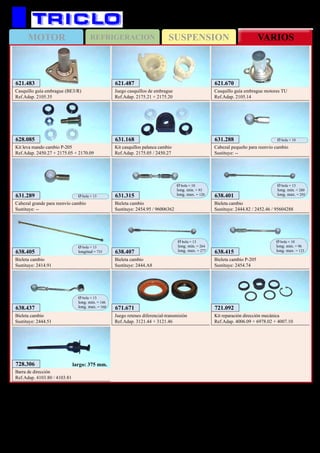 SUSPENSIONMOTOR REFRIGERACION VARIOS
597
721.092
Kit reparación dirección mecánica
Ref.Adap. 4006.09 + 6978.02 + 4007.10
621.670
Casquillo guía embrague motores TU
Ref.Adap. 2105.14
671.671
Juego retenes diferencial-transmisión
Ref.Adap. 3121.44 + 3121.46
638.415
Bieleta cambio P-205
Sustituye: 2454.74
Ø bola = 10
long. min. = 96
long. max. = 123
638.437
Bieleta cambio
Sustituye: 2444.51
Ø bola = 13
long. min. = 146
long. max. = 160
638.407
Bieleta cambio
Sustituye: 2444.A8
Ø bola = 13
long. min. = 264
long. max. = 277
638.401
Bieleta cambio
Sustituye: 2444.82 / 2452.46 / 95604288
Ø bola = 13
long. min. = 280
long. max. = 295
638.405
Bieleta cambio
Sustituye: 2414.91
Ø bola = 13
longitud = 735
631.315
Bieleta cambio
Sustituye: 2454.95 / 96006362
Ø bola = 10
long. min. = 93
long. max. = 120
631.288
Cabezal pequeño para reenvío cambio
Sustituye: --
Ø bola = 10
631.289
Cabezal grande para reenvío cambio
Sustituye: --
Ø bola = 13
631.168
Kit casquillos palanca cambio
Ref.Adap. 2175.05 / 2450.27
628.085
Kit leva mando cambio P-205
Ref.Adap. 2450.27 + 2175.05 + 2170.09
621.487
Juego casquillos de embrague
Ref.Adap. 2175.21 + 2175.20
728.306
Barra de dirección
Ref.Adap. 4103.80 / 4103.81
largo: 375 mm.
621.483
Casquillo guía embrague (BE3/R)
Ref.Adap. 2105.35
PEUGEOT 205 / 309
 