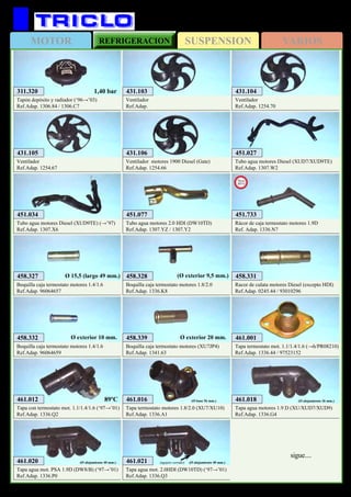 SUSPENSIONMOTOR REFRIGERACION VARIOS
619
PEUGEOT 306
451.027
Tubo agua motores Diesel (XUD7/XUD9TE)
Ref.Adap. 1307.W2
451.034
Tubo agua motores Diesel (XUD9TE) (→’97)
Ref.Adap. 1307.X6
458.331
Racor de culata motores Diesel (excepto HDI)
Ref.Adap. 0245.44 / 93010296
458.332
Boquilla caja termostato motores 1.4/1.6
Ref.Adap. 96064659
Ø exterior 10 mm.
458.327
Boquilla caja termostato motores 1.4/1.6
Ref.Adap. 96064657
Ø 15,5 (largo 49 mm.) 458.328
Boquilla caja termostato motores 1.8/2.0
Ref.Adap. 1336.K8
(Ø exterior 9,5 mm.)
451.077
Tubo agua motores 2.0 HDI (DW10TD)
Ref.Adap. 1307.YZ / 1307.Y2
431.103
Ventilador
Ref.Adap.
431.105
Ventilador
Ref.Adap. 1254.67
431.104
Ventilador
Ref.Adap. 1254.70
431.106
Ventilador motores 1900 Diesel (Gate)
Ref.Adap. 1254.66
458.339
Boquilla caja termostato motores (XU7JP4)
Ref.Adap. 1341.63
Ø exterior 20 mm.
461.012
Tapa con termostato mot. 1.1/1.4/1.6 (‘97→’01)
Ref.Adap. 1336.Q2
461.001
Tapa termostato mot. 1.1/1.4/1.6 (→h/PR08210)
Ref.Adap. 1336.44 / 97523152
461.018
Tapa agua motores 1.9 D (XU/XUD7/XUD9)
Ref.Adap. 1336.G4
(Ø alojamiento 36 mm.)
461.020
Tapa agua mot. PSA 1.9D (DW8/B) (‘97→’01)
Ref.Adap. 1336.P0
(Ø alojamiento 40 mm.)
461.016
Tapa termostato motores 1.8/2.0 (XU7/XU10)
Ref.Adap. 1336.A1
(Ø base 56 mm.)
461.021
Tapa agua mot. 2.0HDI (DW10TD) (‘97→’01)
Ref.Adap. 1336.Q3
(Ø alojamiento 40 mm.)(agujero cerrado)
311.320
Tapón depósito y radiador (‘96→’03)
Ref.Adap. 1306.84 / 1306.C7
1,40 bar
89ºC
451.733
Rácor de caja termostato motores 1.9D
Ref. Adap. 1336.N7
New
2013
sigue....
 