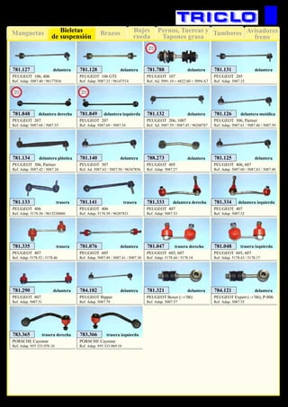 Bujes
rueda
Pernos, Tuercas y
Tapones grasa
TamboresManguetas Brazos Avisadores
freno
Bieletas
de suspensión
74
SUSPENSIÓN Y FRENO
PEUGEOT 306, Partner
Ref. Adap. 5087.61 / 5087.46 / 5087.39
781.126 delantera metálica
PEUGEOT 306, Partner
Ref. Adap. 5087.42 / 5087.34
781.134 delantera plástica
PEUGEOT 206, 1007
Ref. Ad. 5087.59 / 5087.45 / 96288787
781.132 delantera
PEUGEOT 307
Ref. Ad. 5087.62 / 5087.50 / 96347856
781.140 delantera
PEUGEOT 407
Ref. Adap. 5087.53
781.333 delantera derecha
PEUGEOT 407
Ref. Adap. 5087.52
781.334 delantera izquierda
PEUGEOT 407
Ref. Adap. 5178.52 / 5178.46
781.335 trasera
PEUGEOT 807
Ref. Adap. 5087.51
781.290 delantera
PEUGEOT Boxer (→’06)
Ref. Adap. 5087.37
781.321 delantera
PEUGEOT Expert (→’06), P-806
Ref. Adap. 5087.35
784.121 delantera
PEUGEOT 605
Ref. Adap. 5087.49 / 5087.41 / 5087.30
781.076 delantera
PEUGEOT 406
Ref. Adap. 5178.38 / 9615230080
781.133 trasera
PEUGEOT 406
Ref. Adap. 5178.39 / 96287831
781.141 trasera
PEUGEOT 605, 607
Ref. Adap. 5178.44 / 5178.18
781.047 trasera derecha
PEUGEOT 605, 607
Ref. Adap. 5178.43 / 5178.17
781.048 trasera izquierda
PORSCHE Cayenne
Ref. Adap. 955 333 070 10
783.365 trasera derecha
PORSCHE Cayenne
Ref. Adap. 955 333 069 10
783.366 trasera izquierda
PEUGEOT 207
Ref. Adap. 5087.68 / 5087.55
781.848 delantera derecha
PEUGEOT 207
Ref. Adap. 5087.69 / 5087.54
781.849 delantera izquierda
New
2013
New
2013
PEUGEOT 107
Ref. Ad. 5091.10 + 6822.S0 + 5094.A7
781.788 delantera
New
2013
PEUGEOT 406, 607
Ref. Adap. 5087.60 / 5087.43 / 5087.48
781.125 delantera
PEUGEOT 405
Ref. Adap. 5087.27
788.273 delantera
PEUGEOT 205
Ref. Adap. 5087.32
781.131 delantera
PEUGEOT 106 GTI
Ref. Adap. 5087.33 / 96147514
781.128 delantera
PEUGEOT 106, 406
Ref. Adap. 5087.40 / 96177836
781.127 delantera
PEUGEOT Bipper
Ref. Adap. 5087.79
784.182 delantera
 