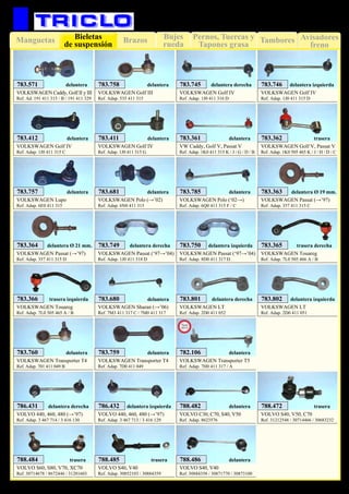 Bujes
rueda
Pernos, Tuercas y
Tapones grasa
TamboresManguetas Brazos Avisadores
freno
Bieletas
de suspensión
77
VW Caddy, Golf V, Passat V
Ref. Adap. 1K0 411 315 K / J / G / D / B
783.361 delantera
VOLKSWAGEN Golf III
Ref. Adap. 535 411 315
783.758 delantera
VOLKSWAGEN Golf IV
Ref. Adap. 1J0 411 316 D
783.745 delantera derecha
VOLKSWAGEN Golf IV
Ref. Adap. 1J0 411 315 D
783.746 delantera izquierda
VOLKSWAGEN Golf IV
Ref. Adap. 1J0 411 315 G
783.411 delantera
VOLKSWAGEN Golf IV
Ref. Adap. 1J0 411 315 C
783.412 delantera
VOLKSWAGEN Golf V, Passat V
Ref. Adap. 1K0 505 465 K / J / H / D / C
783.362 trasera
VOLKSWAGEN Lupo
Ref. Adap. 6E0 411 315
783.757 delantera
VOLKSWAGEN Passat (→’97)
Ref. Adap. 357 411 315 C
783.363 delantera Ø 19 mm.
VOLKSWAGEN Passat (→’97)
Ref. Adap. 357 411 315 D
783.364 delantera Ø 21 mm.
VOLKSWAGEN Passat (‘97→’04)
Ref. Adap. 1J0 411 318 D
783.749 delantera derecha
VOLKSWAGEN Passat (‘97→’04)
Ref. Adap. 8D0 411 317 D
783.750 delantera izquierda
VOLKSWAGEN Polo (→’02)
Ref. Adap. 6N0 411 315
783.681 delantera
VOLKSWAGEN Polo (‘02→)
Ref. Adap. 6Q0 411 315 F / C
783.785 delantera
VOLKSWAGEN Sharan (→’06)
Ref. 7M3 411 317 C / 7M0 411 317
783.680 delantera
VOLKSWAGEN Touareg
Ref. Adap. 7L0 505 466 A / B
783.365 trasera derecha
VOLKSWAGEN Touareg
Ref. Adap. 7L0 505 465 A / B
783.366 trasera izquierda
VOLKSWAGEN LT
Ref. Adap. 2D0 411 052
783.801 delantera derecha
VOLKSWAGEN LT
Ref. Adap. 2D0 411 051
783.802 delantera izquierda
VOLKSWAGEN Transporter T4
Ref. Adap. 701 411 049 B
783.760 delantera
VOLKSWAGEN Transporter T4
Ref. Adap. 7D0 411 049
783.759 delantera
VOLVO 440, 460, 480 (→’97)
Ref. Adap. 3 467 714 / 3 416 130
786.431 delantera derecha
VOLVO 440, 460, 480 (→’97)
Ref. Adap. 3 467 713 / 3 416 129
786.432 delantera izquierda
VOLVO C30, C70, S40, V50
Ref. Adap. 8623576
788.482 delantera
VOLVO S40, V50, C70
Ref. 31212548 / 30714466 / 30683232
788.472 trasera
VOLVO S40, V40
Ref. Adap. 30852103 / 30884359
788.485 trasera
VOLVO S40, V40
Ref. 30884358 / 30871770 / 30873100
788.486 delantera
VOLVO S60, S80, V70, XC70
Ref. 30714678 / 8672446 / 31201603
788.484 trasera
VOLKSWAGEN Caddy, Golf II y III
Ref. Ad. 191 411 315 / B / 191 411 329
783.571 delantera
SUSPENSIÓN Y FRENO
VOLKSWAGEN Transporter T5
Ref. Adap. 7H0 411 317 / A
782.106 delantera
New
2013
 