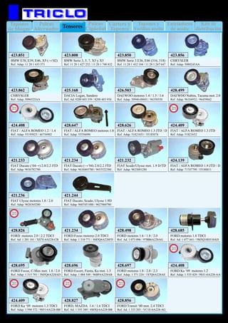 Tapones
de bloque
Enfriadores
de aceite
Kits de
distribución
Poleas
Alternador
Tapones y
Varillas aceite
Poleas
Cigüeñal
Cárters y
TaponesTensores
7
MOTOR
BMW Serie 3, 5, 7, X3 y X5
Ref. 11 28 1 427 252 / 11 28 1 748 832
423.808
BMW Serie 3 E36, E46 (316, 318)
Ref. 11 28 1 432 104 / 11 28 1 247 647
423.850
BMW E38, E39, E46, X5 (→’02)
Ref. Adap. 11 28 1 433 571
423.851
CHRYSLER
Ref. Adap. 5080243AA
423.856
CHRYSLER
Ref. Adap. 5096525AA
423.862
DACIA Logan, Sandero
Ref. Ad. 8200 603 359 / 8200 403 954
425.168
DAEWOO motores 1.4 / 1.5 / 1.6
Ref. Adap. 50940-08601 / 96350550
426.503
DAEWOO Nubira, Tacuma mot. 2.0
Ref. Adap. 96184932 / 96459042
428.499
FIAT / ALFA ROMEO 1.9 JTD / D
Ref. Adap. 71747798 / 55180011
424.139
FIAT / ALFA ROMEO motores 1.8
Ref. Adap. 55556090
428.647
FIAT Ducato (‘04→) 2.0/2.2 JTD
Ref. Adap. 9636782780
421.233
FIAT Ducato (→’04) 2.0/2.2 JTD
Ref. Adap. 9634465780 / 9653522380
421.234
FIAT / ALFA ROMEO 1.3 JTD / D
Ref. Adap. 51821653 / 55185074
428.626
FIAT Scudo/Ulysse mot. 1.9 D/TD
Ref. Adap. 9623001280
421.232
FIAT Ulysse motores 1.8 / 2.0
Ref. Adap. 9626365280
421.236
FORD Focus motores 2.0 TDCI
Ref. Adap. 1 310 771 / 4M5Q6A228FD
421.234
FORD motores 1.6 / 1.8 / 2.0
Ref. Ad. 1 073 096 / 97BB6A228AG
428.498
FORD motores 1.8 TDCI
Ref. Ad. 1 477 441 / 5M5Q10D310AD
428.685
FORD Focus, C-Max mot. 1.8 / 2.0
Ref. Adap. 1 315 781 / 3M5Q6A228AD
428.695
FORD Escort, Fiesta, Ka mot. 1.3
Ref. Adap. 1 004 549 / 96BF6A228AB
428.696
FORD motores 1.8 / 2.0 / 2.3
Ref. Adap. 1 371 224 / 1S7Q6A228AE
428.697
FIAT / ALFA ROMEO 1.2 / 1.4
Ref. Adap. 55195023 / 46756902
424.408
New
2012
FORD Ka ‘09 motores 1.2
Ref. Adap. 1 535 429 / 9S51-6A228-AA
424.408
New
2012
FIAT / ALFA ROMEO 1.3 JTD
Ref. Adap. 51821652
424.409
New
2012
FORD Ka ‘09 motores 1.3 TDCI
Ref. Adap. 1 598 372 / 9S51-6A228-BB
424.409
New
2012
FORD, MAZDA 1.4 / 1.6 TDCI
Ref. Ad. 1 355 389 / 4M5Q-6A228-BB
428.827
New
2012
FORD motores 2.0 / 2.2 TDCI
Ref. Ad. 1 201 181 / XS7E-6A228-CB
428.826
New
2012
FORD Transit ‘00 mot. 2.4 TDCI
Ref. Ad. 1 333 203 / YC1E-6A228-AG
428.856
New
2013
FIAT Ducato, Scudo, Ulysse 1.9D
Ref. Adap. 9607451480 / 9627860780
421.244
 