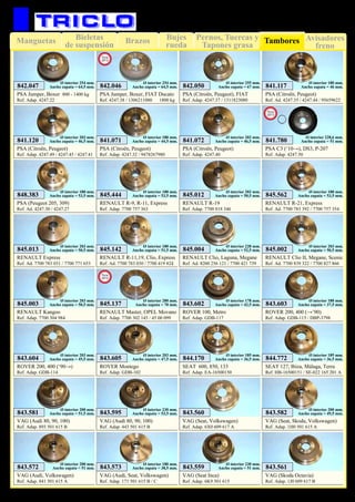 Bujes
rueda
Pernos, Tuercas y
Tapones grasa
Manguetas Brazos Avisadores
freno
Bieletas
de suspensión Tambores
97
SUSPENSIÓN Y FRENO
VAG (Audi, Volkswagen)
Ref. Adap. 841 501 615 A
843.572
Ø interior 200 mm.
Ancho zapata = 51 mm.
VAG (Audi, Seat, Volkswagen)
Ref. Adap. 171 501 615 B / C
843.573
Ø interior 180 mm.
Ancho zapata = 38,5 mm.
VAG (Audi 80, 90, 100)
Ref. Adap. 893 501 615 B
843.581
Ø interior 200 mm.
Ancho zapata = 51,5 mm.
VAG (Audi 80, 90, 100)
Ref. Adap. 443 501 615 B
843.595
Ø interior 230 mm.
Ancho zapata = 53,5 mm.
PSA Jumper, Boxer 800 - 1400 kg
Ref. Adap. 4247.22
842.047
Ø interior 254 mm.
Ancho zapata = 64,5 mm.
PSA (Citroën, Peugeot), FIAT
Ref. Adap. 4247.37 / 1311823080
842.050
Ø interior 255 mm.
Ancho zapata = 67 mm.
PSA (Citroën, Peugeot)
Ref. Ad. 4247.35 / 4247.44 / 95659622
841.117
Ø interior 180 mm.
Ancho zapata = 46 mm.
PSA (Citroën, Peugeot)
Ref. Adap. 4247.49 / 4247.45 / 4247.41
841.120
Ø interior 203 mm.
Ancho zapata = 46,5 mm.
PSA (Citroën, Peugeot)
Ref. Adap. 4247.32 / 9478267980
841.071
Ø interior 180 mm.
Ancho zapata = 44,5 mm.
PSA (Citroën, Peugeot)
Ref. Adap. 4247.40
841.072
Ø interior 203 mm.
Ancho zapata = 46,5 mm.
PSA (Peugeot 205, 309)
Ref. Ad. 4247.30 / 4247.27
848.383
Ø interior 180 mm.
Ancho zapata = 53,5 mm.
RENAULT R-11,19, Clio, Express
Ref. Ad. 7700 783 030 / 7700 419 824
845.142
Ø interior 180 mm.
Ancho zapata = 51,5 mm.
RENAULT R-9, R-11, Express
Ref. Adap. 7700 757 363
845.444
Ø interior 180 mm.
Ancho zapata = 53,5 mm.
RENAULT R-19
Ref. Adap. 7700 818 346
845.012
Ø interior 203 mm.
Ancho zapata = 50,5 mm.
RENAULT Clio, Laguna, Megane
Ref. Ad. 8200 256 121 / 7700 421 739
845.004
Ø interior 228 mm.
Ancho zapata = 52,5 mm.
RENAULT R-21, Express
Ref. Ad. 7700 783 392 / 7700 757 354
845.562
Ø interior 180 mm.
Ancho zapata = 53,5 mm.
RENAULT Kangoo
Ref. Adap. 7700 304 984
845.003
Ø interior 203 mm.
Ancho zapata = 50,5 mm.
RENAULT Clio II, Megane, Scenic
Ref. Ad. 7700 839 322 / 7700 827 866
845.002
Ø interior 203 mm.
Ancho zapata = 50,5 mm.
RENAULT Express
Ref. Ad. 7700 783 031 / 7700 771 653
845.013
Ø interior 203 mm.
Ancho zapata = 50,5 mm.
ROVER 100, Metro
Ref. Adap. GDB-117
843.602
Ø interior 178 mm.
Ancho zapata = 42,5 mm.
ROVER 200, 400 (→’90)
Ref. Adap. GDB-115 / DBP-3798
843.603
Ø interior 180 mm.
Ancho zapata = 37,5 mm.
ROVER 200, 400 (‘90→)
Ref. Adap. GDB-114
843.604
Ø interior 203 mm.
Ancho zapata = 45,5 mm.
ROVER Montego
Ref. Adap. GDB-102
843.605
Ø interior 203 mm.
Ancho zapata = 47,5 mm.
SEAT 600, 850, 133
Ref. Adap. EA-16500150
844.170
Ø interior 185 mm.
Ancho zapata = 36,5 mm.
SEAT 127, Ibiza, Málaga, Terra
Ref. HB-16500151 / SE-022 165 201 A
844.772
Ø interior 185 mm.
Ancho zapata = 36,5 mm.
VAG (Seat, Volkswagen)
Ref. Adap. 6X0 609 617 A
843.560
VAG (Seat, Skoda, Volkswagen)
Ref. Adap. 1H0 501 615 A
843.582
Ø interior 200 mm.
Ancho zapata = 49,5 mm.
VAG (Seat Inca)
Ref. Adap. 6K9 501 615
843.559
Ø interior 230 mm.
Ancho zapata = 51 mm.
VAG (Skoda Octavia)
Ref. Adap. 1J0 609 617 B
843.561
PSA Jumper, Boxer, FIAT Ducato
Ref. 4247.38 / 1306211080 1800 kg
842.046
Ø interior 254 mm.
Ancho zapata = 64,5 mm.
New
2012
RENAULT Master, OPEL Movano
Ref. Adap. 7700 302 145 / 45 00 099
845.137
Ø interior 280 mm.
Ancho zapata = 70 mm.
New
2012
PSA C3 (‘10→), DS3, P-207
Ref. Adap. 4247.50
841.780
Ø interior 228,6 mm.
Ancho zapata = 51 mm.
New
2013
 