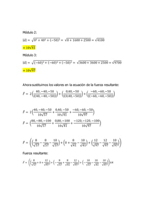 Módulo 2:
| 𝑎| = √02 + 402 + (−50)2 = √0 + 1600 + 2500 = √4100
= 10√41
Módulo 3:
| 𝑎| = √(−60)2 + (−60)2 + (−50)2 = √3600+ 3600 + 2500 = √9700
= 10√97
Ahora sustituimos los valores en la ecuación de la fuerza resultante:
𝐹 = 2(
40, −40,−50
|(40, −40,−50)|
) + (
0,40,−50
|(0,40,−50)|
) + (
−60, −60,−50
|(−60, −60,−50)|
)
𝐹 = 2(
40, −40,−50
10√57
+
0,40, −50
10√41
+
−60,−60, −50
10√97
)
𝐹 = (
80,−80, −100
10√57
+
0,80,−100
10√41
+
−120,−120, −100
10√97
)
𝐹 = ((
8
√57
−
8
√57
−
10
√57
) + (0 +
8
√41
−
10
√41
) + (
12
√97
−
12
√97
−
10
√97
))
Fuerza resultante:
𝐹 = ((
8
√57
+ 0 +
12
√97
) + (−
8
√57
+
8
√41
−
12
√97
) + (−
10
√57
−
10
√41
−
10
√97
)) 𝑘𝑁
 