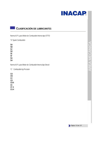 ÁREA
MECÁNICA
Página 112 de 137
CLASIFICACIÓN DE LUBRICANTES
Norma A.P.I. para Motor de Combustión Interna tipo OTTO
“S”SparkCombustión
SA
SB
SC
SD
SE
SF
SG
SH
Norma A.P.I. para Motor de Combustión Interna tipo Diesel
“C” Combustión by Pression
CA
CB
CC
CD
CD-II
CE
CF-4
CG-4
 