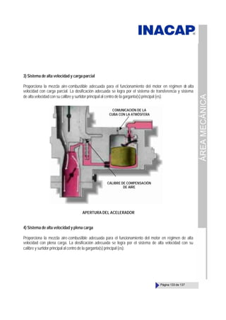 ÁREA
MECÁNICA
Página 133 de 137
3) Sistema de alta velocidad y carga parcial
Proporciona la mezcla aire-combustible adecuada para el funcionamiento del motor en régimen d
e alta
velocidad con carga parcial. La dosificación adecuada se logra por el sistema de transferencia y sistema
de alta velocidad con su calibre y surtidor principal al centro de la garganta(s) principal (es).
APERTURA DEL ACELERADOR
4) Sistema de alta velocidad y plena carga
Proporciona la mezcla aire-combustible adecuada para el funcionamiento del motor en régimen de alta
velocidad con plena carga. La dosificación adecuada se logra por el sistema de alta velocidad con su
calibre y surtidor principal al centro de la garganta(s) principal (es).
COMUNICACIÓN DE LA
CUBA CON LA ATMÓSFERA
CALIBRE DE COMPENSACIÓN
DE AIRE
 