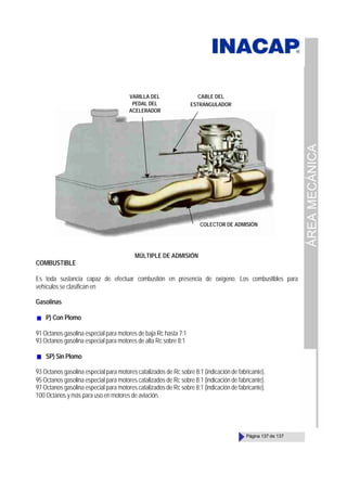 ÁREA
MECÁNICA
Página 137 de 137
MÚLTIPLE DE ADMISIÓN
COMBUSTIBLE
Es toda sustancia capaz de efectuar combustión en presencia de oxígeno. Los combustibles para
vehículos se clasifican en
Gasolinas
P) Con Plomo
91 Octanos gasolina especial para motores de baja Rc hasta 7:1
93 Octanos gasolina especial para motores de alta Rc sobre 8:1
SP) Sin Plomo
93 Octanos gasolina especial para motores catalizados de Rc sobre 8:1 (indicación de fabricante).
95 Octanos gasolina especial para motores catalizados de Rc sobre 8:1 (indicación de fabricante).
97 Octanos gasolina especial para motores catalizados de Rc sobre 8:1 (indicación de fabricante).
100 Octanos y más para uso en motores de aviación.
VARILLA DEL
PEDAL DEL
ACELERADOR
CABLE DEL
ESTRANGULADOR
COLECTOR DE ADMISIÓN
 