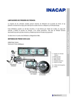 ÁREA
MECÁNICA
Página 32 de 137
LIMITADORES DE PRESIÓN DE FRENOS:
La mayoría de los vehículos actuales poseen sistemas de limitación de la presión de frenos al eje
posterior en función de la carga, para evitar que las ruedas traseras se bloqueen y el vehículo derrape.
Estos limitadores pueden ser del tipo mecánico, el cual detecta por medio de la altura, la carga del
vehículo y dosifica la presión ha entregar a las ruedas posteriores. Otro tipo de limitado funciona
detectando la presión ejercida al sistema y modula la presión de frenado al eje posterior.
Se debe tener en cuenta estos limitadores al diagnosticar fallas.
SISTEMAS DE FRENO CON A.B.S
Antilok Brake System
Sistema de Frenos Antibloqueo
3
CONTROL
TESTIGO DE
ALARMA
REGULA-
CIÓN
CIRCULA-
CIÓN
PRESIÓN DE
FRENADO
MODULACIÓN
DE LA PRESIÓN
DE FENADO ESTADO DE
LA CALZADA
5
1
2
3
4
6
1. Captador de velocidad
y blanco.
2. Bombín de freno.
3. Grupo hidráulico.
4. Cilindro maestro.
5. Calculador electrónico.
6. Lámpara de testigo.
a).- Válvula electromagnética
b).- Bomba
b a
 