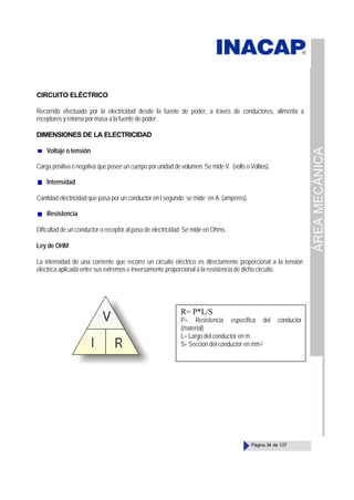 ÁREA
MECÁNICA
Página 34 de 137
CIRCUITO ELÉCTRICO
Recorrido efectuado por la electricidad desde la fuente de poder, a través de conductores, alimenta a
receptores y retorna por masa a la fuente de poder.
DIMENSIONES DE LA ELECTRICIDAD
Voltaje o tensión
Carga positiva o negativa que posee un cuerpo por unidad de volumen. Se mide V. (volts o Voltios).
Intensidad
Cantidad electricidad que pasa por un conductor en l segundo se mide en A. (amperes).
Resistencia
Dificultad de un conductor o receptor al paso de electricidad. Se mide en Ohms.
Ley de OHM
La intensidad de una corriente que recorre un circuito eléctrico es directamente proporcional a la tensión
eléctrica aplicada entre sus extremos e inversamente proporcional a la resistencia de dicho circuito.
R= P*L/S
P= Resistencia específica del conductor
(material)
L= Largo del conductor en m.
S= Sección del conductor en mm2
 