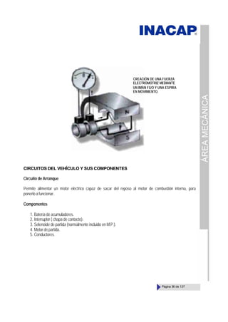 ÁREA
MECÁNICA
Página 36 de 137
CIRCUITOS DEL VEHÍCULO Y SUS COMPONENTES
Circuito de Arranque
Permite alimentar un motor eléctrico capaz de sacar del reposo al motor de combustión interna, para
ponerloafuncionar.
Componentes
1. Batería de acumuladores.
2. Interruptor ( chapa de contacto).
3. Selenoide de partida (normalmente incluido en M.P.).
4. Motor de partida.
5. Conductores.
CREACIÓN DE UNA FUERZA
ELECTROMOTRIZ MEDIANTE
UN IMÁN FIJO Y UNA ESPIRA
EN MOVIMIENTO.
 