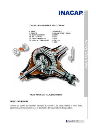 ÁREA
MECÁNICA
Página 53 de 137
PIEZAS PRINCIPALES DEL PUENTE TRASERO
GRUPO DIFERENCIAL
Elemento del sistema de transmisión encargado de transmitir a las ruedas motrices la fuerza motriz,
proponiendo su giro independiente o sea un giro diferido o diferencial. Podemos distinguir 2 tipos;
8. BRIDA
9. CRUCETA
10. CUERPO ESTRIADO
11. EJE ESTRIADO
12. CAZOLETA DE CIERRE
13. JUNTA DE ESTANQUIEDAD
CONJUNTO TRANSMISIÓN POR JUNTAS CARDAN
1. CUERPO FIJO
2. CONJUNTO CRUZ Y DADOS
3. BRIDA
4. CRUZ
5. DADO
6. CIRCLIPS
7. TUBO
 