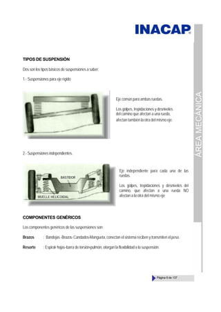 ÁREA
MECÁNICA
Página 6 de 137
TIPOS DE SUSPENSIÓN
Dos son los tipos básicos de suspensiones a saber:
1.- Suspensiones para eje rígido
2.- Suspensiones independientes.
COMPONENTES GENÉRICOS
Los componentes genéricos de las suspensiones son:
Brazos : Bandejas -Brazos-Candados-Mangueta, conectan el sistema reciben y transmiten el peso.
Resorte : Espiral- hojas-barra de torsión-pulmón, otorgan la flexibilidad a la suspensión.
Eje independiente para cada una de las
ruedas.
Los golpes, trepidaciones y desniveles del
camino, que afectan a una rueda NO
afectan a la otra del mismo eje
Eje común para ambas ruedas.
Los golpes, trepidaciones y desniveles
del camino que afectan a una rueda,
afectan también la otra del mismo eje.
BASTIDOR
MUELLE HELICOIDAL
 