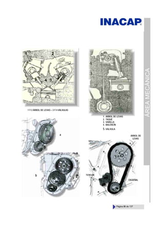 ÁREA
MECÁNICA
Página 88 de 137
1 Y 2 ÁRBOL DE LEVAS – 3 Y 4 VÁLVULAS
1. ÁRBOL DE LEVAS
2. TAQUÉ
3. VARILLA
4. BALENCÍN
5. VÁLVULA
ÁRBOL DE
LEVAS
TENSOR
CIGÜEÑAL
a
b
 