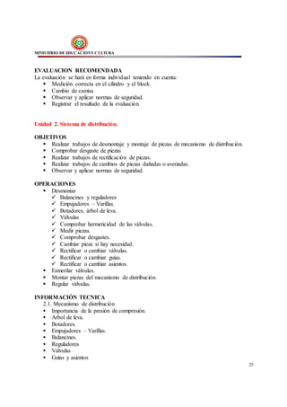 MINISTERIO DE EDUCACIÓNY CULTURA
25
EVALUACION RECOMENDADA
La evaluación se hará en forma individual teniendo en cuenta:
 Medición correcta en el cilindro y el block.
 Cambio de camisa
 Observar y aplicar normas de seguridad.
 Registrar el resultado de la evaluación.
Unidad 2. Sistema de distribución.
OBJETIVOS
 Realizar trabajos de desmontaje y montaje de piezas de mecanismo de distribución.
 Comprobar desgaste de piezas
 Realizar trabajos de rectificación de piezas.
 Realizar trabajos de cambios de piezas dañadas o averiadas.
 Observar y aplicar normas de seguridad.
OPERACIONES
 Desmontar
 Balancines y reguladores
 Empujadores – Varillas.
 Botadores, árbol de leva.
 Válvulas
 Comprobar hermeticidad de las válvulas.
 Medir piezas.
 Comprobar desgastes.
 Cambiar pieza si hay necesidad.
 Rectificar o cambiar válvulas.
 Rectificar o cambiar guías.
 Rectificar o cambiar asientos.
 Esmerilar válvulas.
 Montar piezas del mecanismo de distribución.
 Regular válvulas.
INFORMACIÓN TECNICA
2.1. Mecanismo de distribución
 Importancia de la presión de compresión.
 Arbol de leva.
 Botadores.
 Empujadores – Varillas.
 Balancines.
 Reguladores
 Válvulas
 Guías y asientos
 