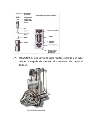 17. PULSADOR. Es una varilla de acero resistente similar a un tubo
que es encargada de trasmitir el movimiento del taqué al
balancín.
 