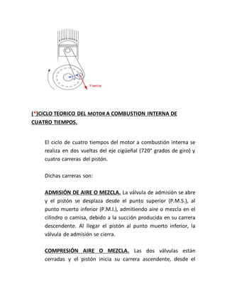 (*)CICLO TEORICO DEL MOTOR A COMBUSTION INTERNA DE
CUATRO TIEMPOS.
El ciclo de cuatro tiempos del motor a combustión interna se
realiza en dos vueltas del eje cigüeñal (720° grados de giro) y
cuatro carreras del pistón.
Dichas carreras son:
ADMISIÓN DE AIRE O MEZCLA. La válvula de admisión se abre
y el pistón se desplaza desde el punto superior (P.M.S.), al
punto muerto inferior (P.M.I.), admitiendo aire o mezcla en el
cilindro o camisa, debido a la succión producida en su carrera
descendente. Al llegar el pistón al punto muerto inferior, la
válvula de admisión se cierra.
COMPRESIÓN AIRE O MEZCLA. Las dos válvulas están
cerradas y el pistón inicia su carrera ascendente, desde el
 