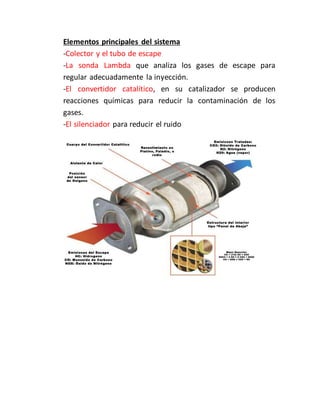 Elementos principales del sistema
-Colector y el tubo de escape
-La sonda Lambda que analiza los gases de escape para
regular adecuadamente la inyección.
-El convertidor catalítico, en su catalizador se producen
reacciones químicas para reducir la contaminación de los
gases.
-El silenciador para reducir el ruido
 