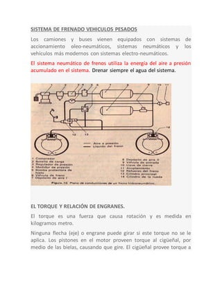 SISTEMA DE FRENADO VEHICULOS PESADOS
Los camiones y buses vienen equipados con sistemas de
accionamiento oleo-neumáticos, sistemas neumáticos y los
vehículos más modernos con sistemas electro-neumáticos.
El sistema neumático de frenos utiliza la energía del aire a presión
acumulado en el sistema. Drenar siempre el agua del sistema.
EL TORQUE Y RELACIÓN DE ENGRANES.
El torque es una fuerza que causa rotación y es medida en
kilogramos metro.
Ninguna flecha (eje) o engrane puede girar si este torque no se le
aplica. Los pistones en el motor proveen torque al cigüeñal, por
medio de las bielas, causando que gire. El cigüeñal provee torque a
 