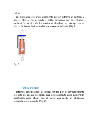Fig. 5.
Los hidráulicos se unen igualmente por un extremo al bastidor y
por el otro al eje o rueda y están formados por dos cilindros
excéntricos, dentro de los cuales se desplaza un vástago por el
efecto de las oscilaciones a las que ofrece resistencia (Fig. 6).
Fig. 6.
Particularidades:
Estamos considerando las ruedas unidas por el correspondiente
eje, esto es, por un eje rígido, pero esto repercute en la suspensión
haciéndola poco eficaz, que al salvar una rueda un obstáculo,
repercute en la opuesta (Fig. 7).
 