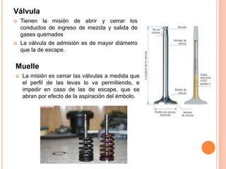 Válvula
 Tienen la misión de abrir y cerrar los
conductos de ingreso de mezcla y salida de
gases quemados
 La válvula de admisión es de mayor diámetro
que la de escape.
Muelle
 La misión es cerrar las válvulas a medida que
el perfil de las levas lo va permitiendo, e
impedir en caso de las de escape, que se
abran por efecto de la aspiración del émbolo.
 