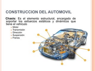 CONSTRUCCION DEL AUTOMOVIL
Chasis: Es el elemento estructural, encargado de
soportar los esfuerzos estáticos y dinámicos que
tiene el vehículo
 Motor
 Transmisión
 Dirección
 Suspensión
 Frenos
 