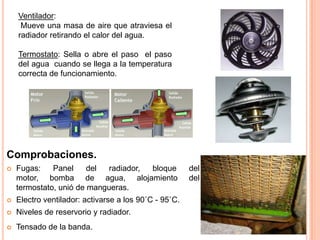 Comprobaciones.
 Fugas: Panel del radiador, bloque del
motor, bomba de agua, alojamiento del
termostato, unió de mangueras.
 Electro ventilador: activarse a los 90˚C - 95˚C.
 Niveles de reservorio y radiador.
 Tensado de la banda.
Ventilador:
Mueve una masa de aire que atraviesa el
radiador retirando el calor del agua.
Termostato: Sella o abre el paso el paso
del agua cuando se llega a la temperatura
correcta de funcionamiento.
 