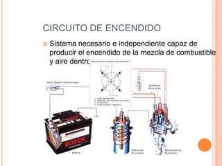  Sistema necesario e independiente capaz de
producir el encendido de la mezcla de combustible
y aire dentro del cilindro.
CIRCUITO DE ENCENDIDO
 