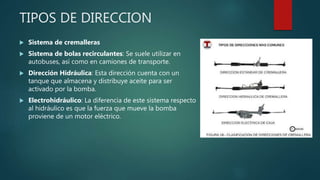TIPOS DE DIRECCION
 Sistema de cremalleras
 Sistema de bolas recirculantes: Se suele utilizar en
autobuses, así como en camiones de transporte.
 Dirección Hidráulica: Esta dirección cuenta con un
tanque que almacena y distribuye aceite para ser
activado por la bomba.
 Electrohidráulico: La diferencia de este sistema respecto
al hidráulico es que la fuerza que mueve la bomba
proviene de un motor eléctrico.
 