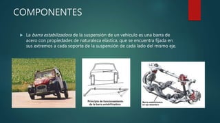  La barra estabilizadora de la suspensión de un vehículo es una barra de
acero con propiedades de naturaleza elástica, que se encuentra fijada en
sus extremos a cada soporte de la suspensión de cada lado del mismo eje.
COMPONENTES
 
