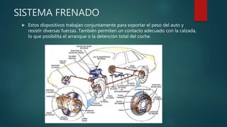SISTEMA FRENADO
 Estos dispositivos trabajan conjuntamente para soportar el peso del auto y
resistir diversas fuerzas. También permiten un contacto adecuado con la calzada,
lo que posibilita el arranque o la detención total del coche.
 