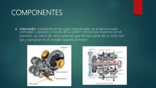  Intermedio: Inexistente en las cajas transversales, es el denominado
contraeje u opuesto y consta de un piñón corona que engrana con el
primario, así como de varios piñones que forman parte de un todo con
eje y que giran en el sentido opuesto al motor.
COMPONENTES
 