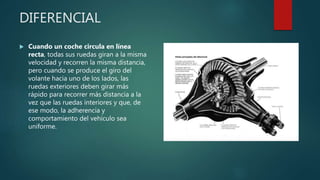 DIFERENCIAL
 Cuando un coche circula en línea
recta, todas sus ruedas giran a la misma
velocidad y recorren la misma distancia,
pero cuando se produce el giro del
volante hacia uno de los lados, las
ruedas exteriores deben girar más
rápido para recorrer más distancia a la
vez que las ruedas interiores y que, de
ese modo, la adherencia y
comportamiento del vehículo sea
uniforme.
 