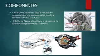 COMPONENTES
 Carcasa, este se alinea a todo el mecanismo
compuesto por una parte central en donde se
encuentra ubicada la corona.
 El Piñón de Ataque el cual toma el giro del eje de
salida de la caja llevándolo a la corona.
 