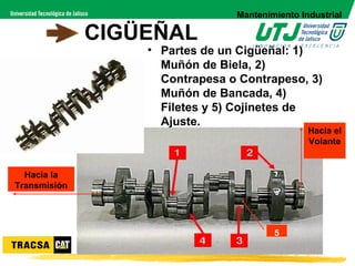Mantenimiento Industrial

              CIGÜEÑAL
                  • Partes de un Cigüeñal: 1)
                    Muñón de Biela, 2)
                    Contrapesa o Contrapeso, 3)
                    Muñón de Bancada, 4)
                    Filetes y 5) Cojinetes de
                    Ajuste.
                                                Hacia el
                                                Volante


  Hacia la
Transmisión




                                        5
 