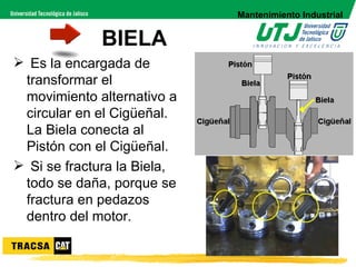 Mantenimiento Industrial


              BIELA
 Es la encargada de
 transformar el
 movimiento alternativo a
 circular en el Cigüeñal.
 La Biela conecta al
 Pistón con el Cigüeñal.
 Si se fractura la Biela,
 todo se daña, porque se
 fractura en pedazos
 dentro del motor.
 
