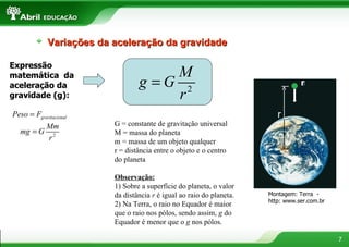 Expressão matemática  da aceleração da gravidade (g): G = constante de gravitação universal M = massa do planeta m = massa de um objeto qualquer r = distância entre o objeto e o centro do planeta  Observação: 1) Sobre a superfície do planeta, o valor da distância  r  é igual ao raio do planeta. 2) Na Terra, o raio no Equador é maior que o raio nos pólos, sendo assim,  g  do Equador é menor que o  g  nos pólos. P Montagem: Terra  - http: www.ser.com.br Variações da aceleração da gravidade r m 