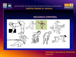 HOSPITAL GENERAL DE MEXICALI
MECANICA CORPORAL
FACILITADOR : RAUL ARIEL DEL PRADO RIVAS
JUNIO 2017
MECANICA CORPORAL
 
