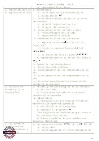 MECANICA CUANTICA (COHEN) Vol I
e. operadores hermitianos
C. Representación en
el espacio de estado
I Introducción
a. Definición de una representación
b. Finalidad de
2. Relaciones características de una base
orto normal
a. relación Ortonormalization
b. Relacion de clausura
3. Representación de los kets y bras
a. Representación de los kets
b. Representación de bras
4. Representación de los operadores
a. Representación de por una matriz
"cuadrada"
b. Matriz de representación del ket
c. La expresión para el número
d. Representación de la matriz del adjunto
de
5. Cambio de representaciones
a. Exposición del problema
b. Transformación de los componentes de un
ket
c. Transformación de los componentes de un
bra
d. La transformación de los elementos de
matriz de un operador
D. Ecuación de
valores propios.
Observables
1. Valores y vectores propios de un operador
a. definiciones
b. Encontrando los valores y vectores
propios de un operador
2. observables
a. Propiedades de los valores y vectores
propios de un operador hermítico
b. Definición de un observable
c. Ejemplo: el proyector
3. Los conjuntos de observables que conmutan
a. teoremas importantes
b. Juegos completos de observables que
conmutan (C.S.C.O.)
E. Dos ejemplos
importantes de
representaciones y
observables
1. Las representaciones {[r)} y {I P)}
a. definición
b. Orthonormalization y las relaciones de
110
 