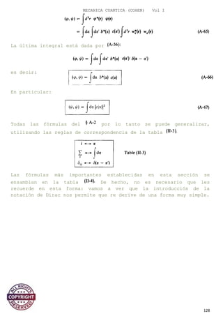 MECANICA CUANTICA (COHEN) Vol I
La última integral está dada por
es decir:
En particular:
Todas las fórmulas del por lo tanto se puede generalizar,
utilizando las reglas de correspondencia de la tabla
Las fórmulas más importantes establecidas en esta sección se
ensamblan en la tabla De hecho, no es necesario que les
recuerde en esta forma: vamos a ver que la introducción de la
notación de Dirac nos permite que re derive de una forma muy simple.
128
 
