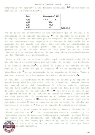 MECANICA CUANTICA (COHEN) Vol I
componente con respecto a una función específica de una base en
particular (la función base ).
Por lo tanto nos encontramos en una situación que es análoga a la
encontrada en el espacio ordinario, la posición de un punto en
el espacio puede ser descrito por un conjunto de tres números, que
son sus coordenadas con respecto a un sistema de ejes definidos en
avanzar. Si uno cambia los ejes, otro conjunto de coordenadas se
corresponde con el mismo punto. Pero el concepto de vector
geométrico y el cálculo vectorial nos permiten evitar hacer
referencia a un sistema de ejes, lo que simplifica considerablemente
las dos fórmulas y el razonamiento.
Vamos a utilizar un enfoque similar aquí: cada estado cuántico de
una partícula se caracteriza por un vector de estado, que pertenece
a un espacio abstracto , llamado el espacio de estados de una
partícula. El hecho de que el espacio es un subespacio de
significa que es un subespacio de un espacio de Hilbert. Vamos a
definir la notación y las reglas de cálculo de vectores en .
En realidad, la introducción de vectores de estado y el espacio de
estado hacen algo más que simplificar el formalismo. También permite
una generalización del formalismo. En efecto, existen sistemas
físicos cuya cuantía descripción no puede ser dada por una función
de onda: veremos en los capítulos y que este es el caso en que
los grados de giro de la libertad se tienen en cuenta, incluso para
una sola partícula. En consecuencia, el primer postulado que se
expondrán en el capítulo será la siguiente: el estado cuántico de
cualquier sistema físico se caracteriza por un vector de estado, que
pertenece a un espacio Que es el espacio de estado del sistema.
Por lo tanto, en el resto de este capítulo, vamos a desarrollar un
cálculo vectorial en . Los conceptos que vamos a introducir y los
resultados que se obtienen son válidos para cualquier sistema físico
que puede ser que considere. Sin embargo, para ilustrar estos
conceptos y los resultados, que serán de aplicación al caso sencillo
de una partícula (sin spin), ya que este es el caso que hemos
considerado anteriormente.
130
 