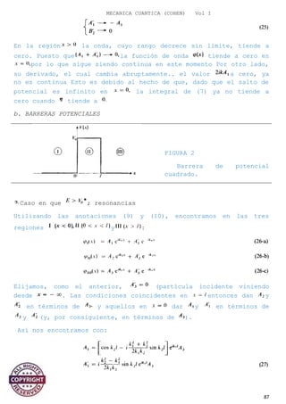 MECANICA CUANTICA (COHEN) Vol I
En la región la onda, cuyo rango decrece sin límite, tiende a
cero. Puesto que la función de onda tiende a cero en
por lo que sigue siendo continua en este momento Por otro lado,
su derivado, el cual cambia abruptamente.. el valor a cero, ya
no es continua Esto es debido al hecho de que, dado que el salto de
potencial es infinito en la integral de (7) ya no tiende a
cero cuando tiende a
b. BARRERAS POTENCIALES
Caso en que ; resonancias
Utilizando las anotaciones (9) y (10), encontramos en las tres
regiones y :
Elijamos, como el anterior, (partícula incidente viniendo
desde . Las condiciones coincidentes en entonces dan y
en términos de y aquellos en dar y en términos de
y (y, por consiguiente, en términos de ).
Así nos encontramos con:
87
FIGURA 2
Barrera de potencial
cuadrado.
 